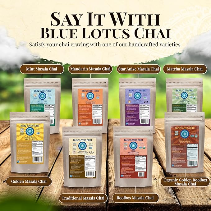 Blue Lotus Chai ??Organic Rooibos Masala Chai - Makes 265 Cups ??Caffeine-Free, No Steeping, No Gluten - 8 Ounce Masala Chai Powder with Organic Spices ??Authentic Indian Tea