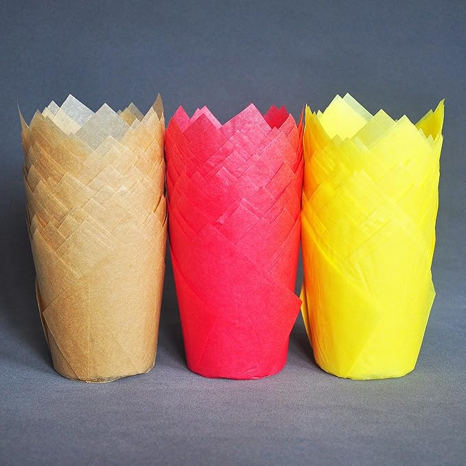 Large Greaseproof paper Wrappers Muffin Baking cupcake cups liners, 2-1/4" x 4" Natural,Red,Yellow 3 colours in a box Tulip Baking Cups Holders 125 pcs (Large) (125, Multi Red,Yellow,Natural)