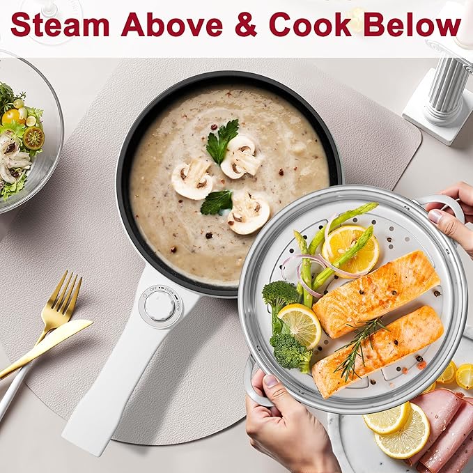 Dezin Hot Pot Electric with Steamer Upgraded, Non-Stick Saut챕 Pan, Rapid Noodles Electric Pot, 1.5L Mini Pot for Steak, Egg, Fried Rice, Ramen, Oatmeal, Soup with Power Adjustment