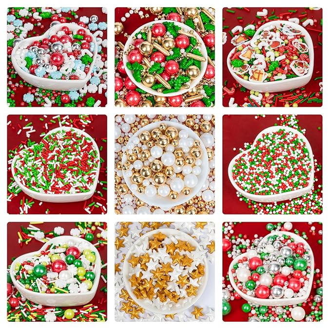 Christmas Tree Sprinkles for Cake Decorating,130g Red Gold and White Pearl,Gold Rods Green Trees Mixed,Edible Sugar Holiday sprinkle for Cupcake Toppers, Cookie, Ice Cream Decorations Christmas Party Supplies