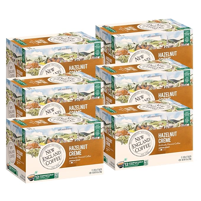 New England Coffee Hazelnut Crème Medium Roast Single Serve Pods, 12ct Box (Pack of 6)