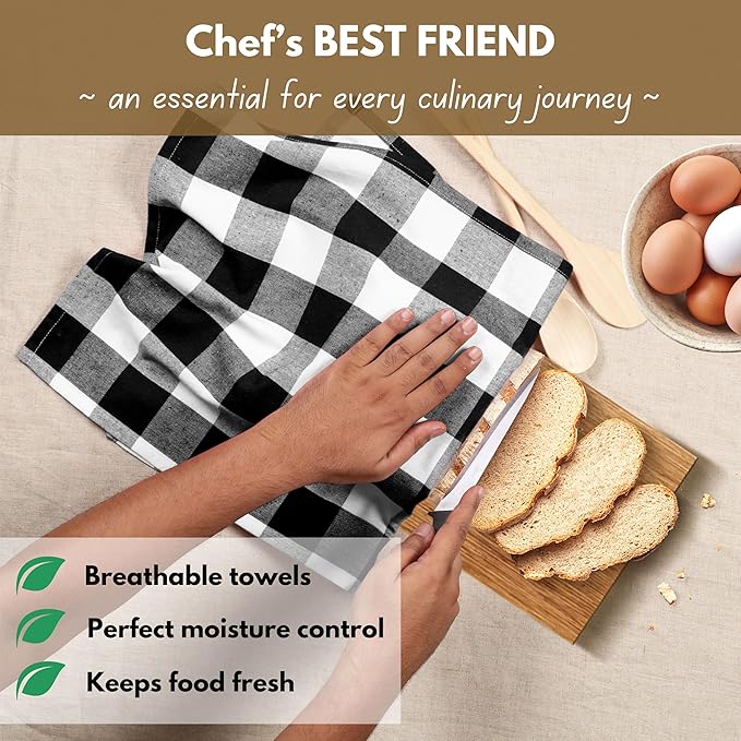 Native Fab 6-Pack Kitchen Towel with Hanging Loop 16x26 inches, Cotton Buffalo Check Kitchen Towels for Cleaning Drying, Washcloths Soft & Absorbent Cloth Rags, Bar Towel, Dish Cloth, Black