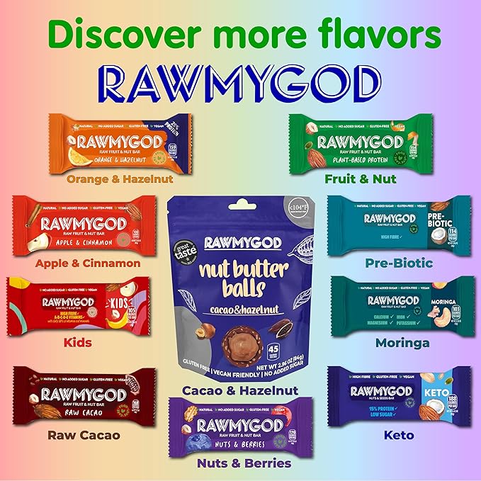 RAWMYGOD Fruit and Nut Bars, Good Source of Protein (10g, 25% protein content), Gluten Free, Vegan, No Added Sugar (16 bars, Orange & Hazelnut)