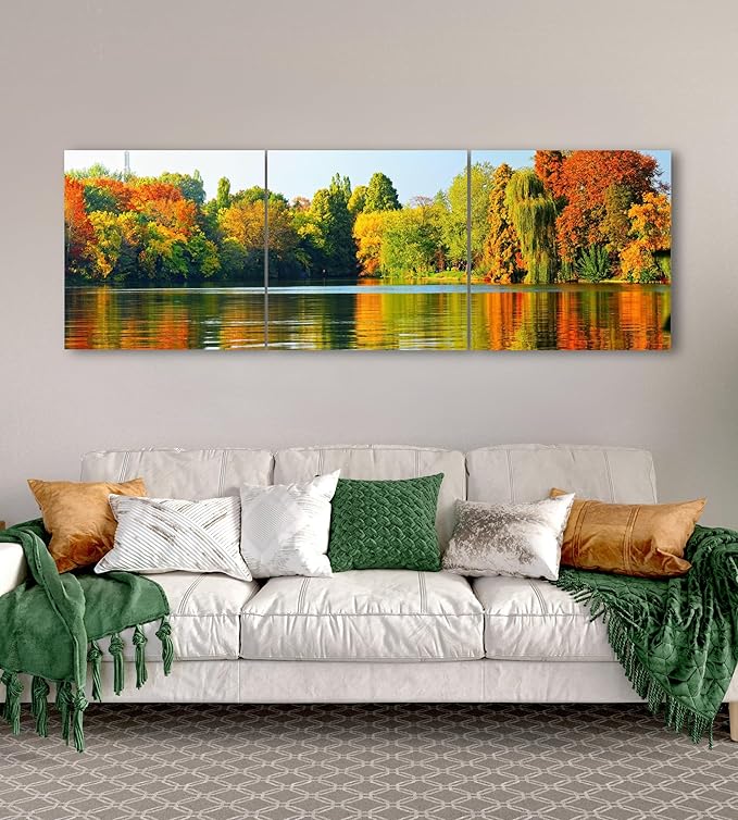 Fall Forest Lake Landscape Canvas Wall Art Decor - 24x24 3 Piece Set (Total 24x72 inch) - Large Decorative & Modern Multi Panel Split Prints for Dining & Living Room, Kitchen, Bedroom & Office