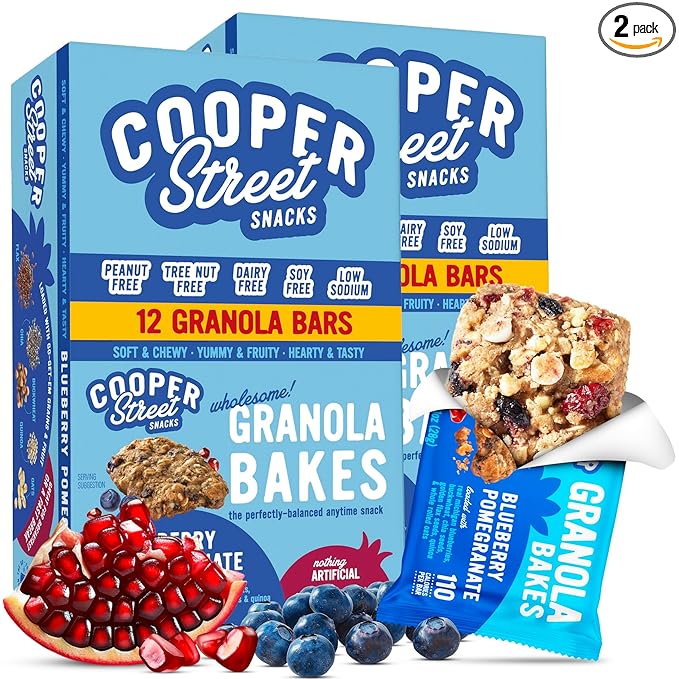 Cooper Street Blueberry Pomegranate Granola Bakes (24 bars) - Individually Wrapped Soft and Chewy Breakfast Granola Bars - Nut, Dairy & Soy Free - Great As Kids Snacks For School, Hiking Or Lunchbreak