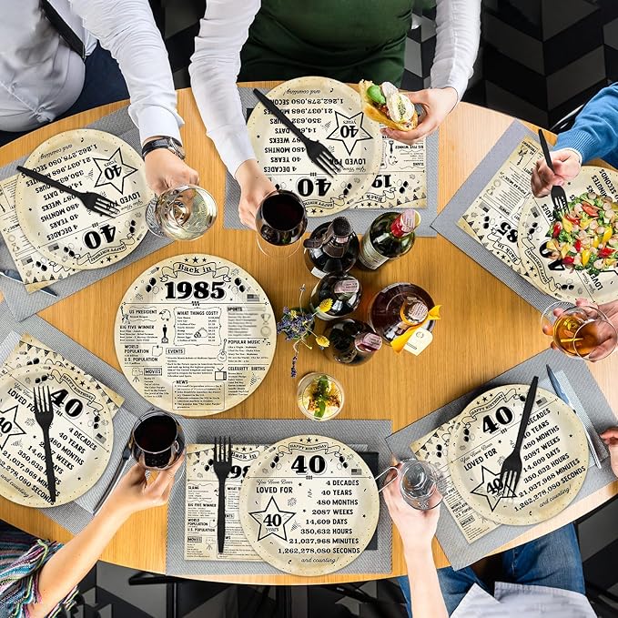 96Pcs 40th Birthday Plates and Napkins Back in 1985 Party Decorations Vintage 40 Year Old Dessert Plates 1985 Birthday Cheers to 40 Years Theme Tableware Set for 24 Guests Men Women Party Supplies