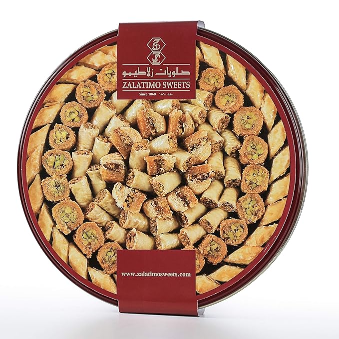 Zalatimo Sweets Since 1860, 100% All Natural Assorted Baklava, Slightly Sweet Baklava in Round Metal Gift Tin, No Preservatives, No Additives, No Corn Starch, No Syrups! 2.2Lbs