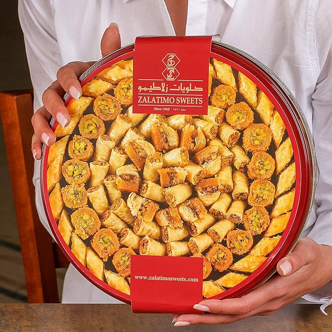 Zalatimo Sweets Since 1860, 100% All Natural Assorted Baklava, Slightly Sweet Baklava in Round Metal Gift Tin, No Preservatives, No Additives, No Corn Starch, No Syrups! 2.2Lbs