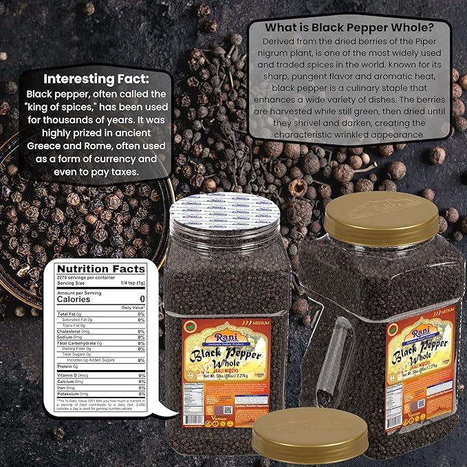 Rani Black Pepper Whole (Peppercorns), Premium MG-1 Grade 80oz (5lbs) 2.27kg Bulk PET Jar ~ All Natural | Gluten Friendly | Non-GMO | Kosher | Product of Vietnam | Perfect size for Grinders!