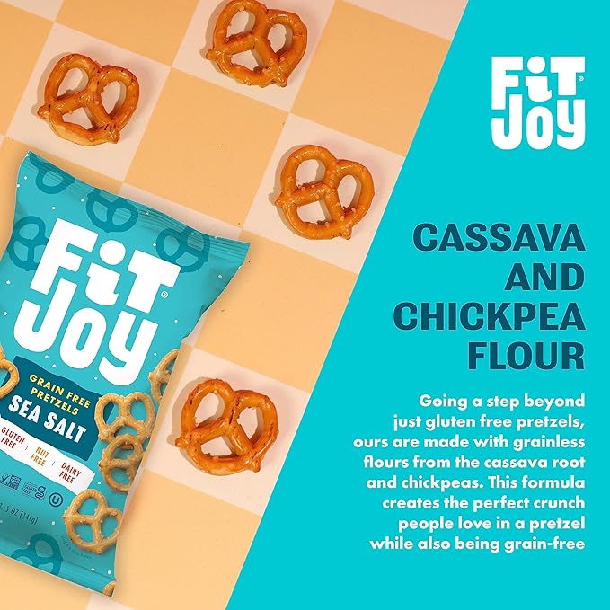 FitJoy Sea Salt Pretzels (Pack of 6, 5 Oz) - Dairy, Nut & Gluten Free Snacks - Grain Free Cassava Root & Chickpea Flour Vegan Pretzel Twists - Classic Snack Pretzels for Moms, Children and More