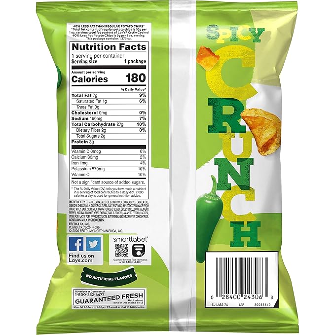 Lay's Kettle Cooked Potato Chips, 40% Less Fat Jalape챰o Cheddar, 1.375 Ounce (Pack of 64)
