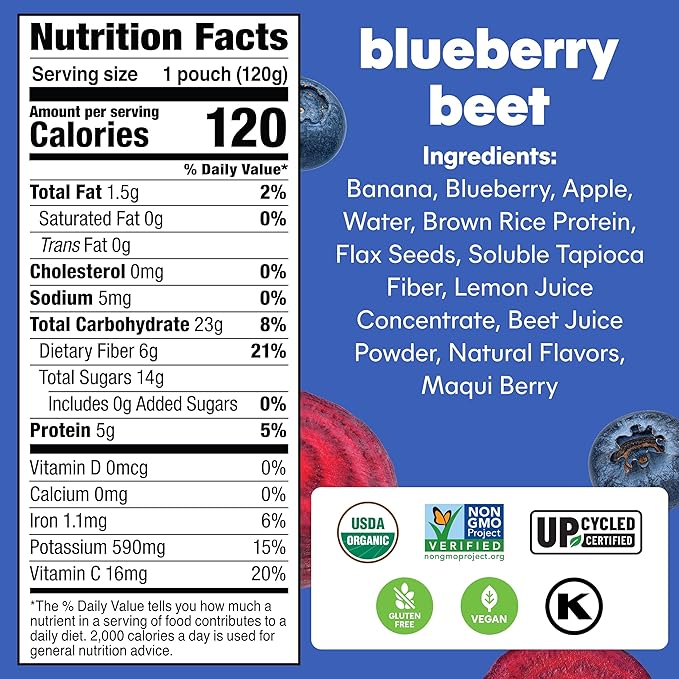 Noka Superfood Fruit Smoothie Pouches, Blueberry Beet, Healthy Snacks with Flax Seed, Plant Protein and Prebiotic Fiber, Vegan and Gluten Free Snacks, Organic Squeeze Pouch, 4.22 oz, 6 Count