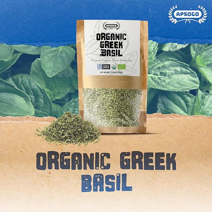 APSOGO Organic Dried Basil - Greek Basil Leaves for Cooking, Pure & Aromatic Herb Seasoning - 3.52oz Pouch – All-Natural Mediterranean Spice