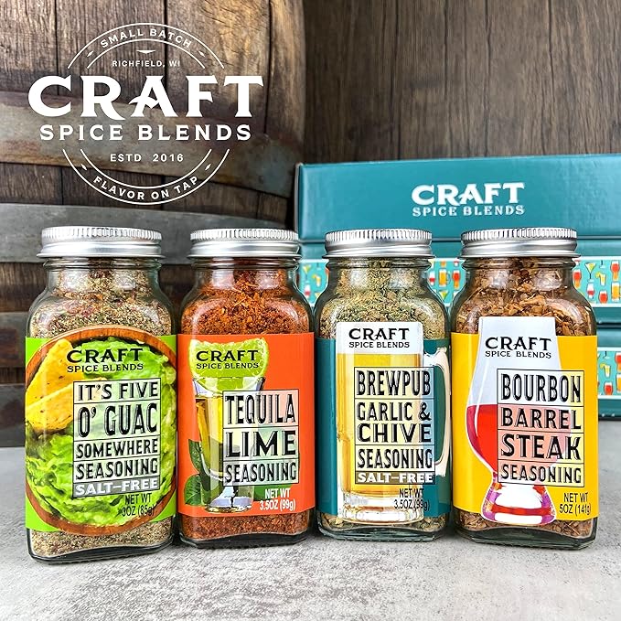 Craft Spice Blends Happy Hour Seasoning 4-Pack Gift Set - Top Shelf Spices Raising the Bar on Flavor - Spice Blends for Beef, Chicken, Fish and More - Father's Day, Birthday, Anniversary - All Natural, Crafted in the USA