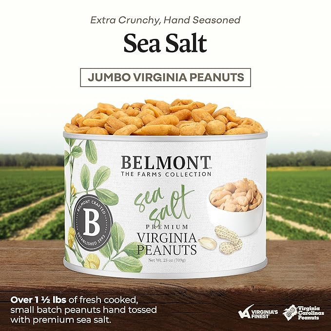 Belmont Peanuts Gourmet Sea-Salted Virginia Peanuts, 25 oz (1 Pack) ??Only 3 Simple Ingredients, No Preservatives, 7g Protein ??A Premium, Salty, Crunchy, Hand Seasoned Snack