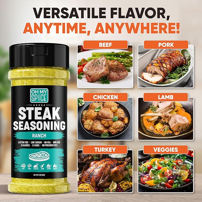 Steak Seasoning Ranch Seasoning Powder Mix - Gluten Free & Low Sodium Meat Seasonings Blend for Beef, Ribeye, T Bone & NY Strip Steaks. Ranch Powder Steak Seasonings for Grilling. BBQ Rub Spices. 4oz