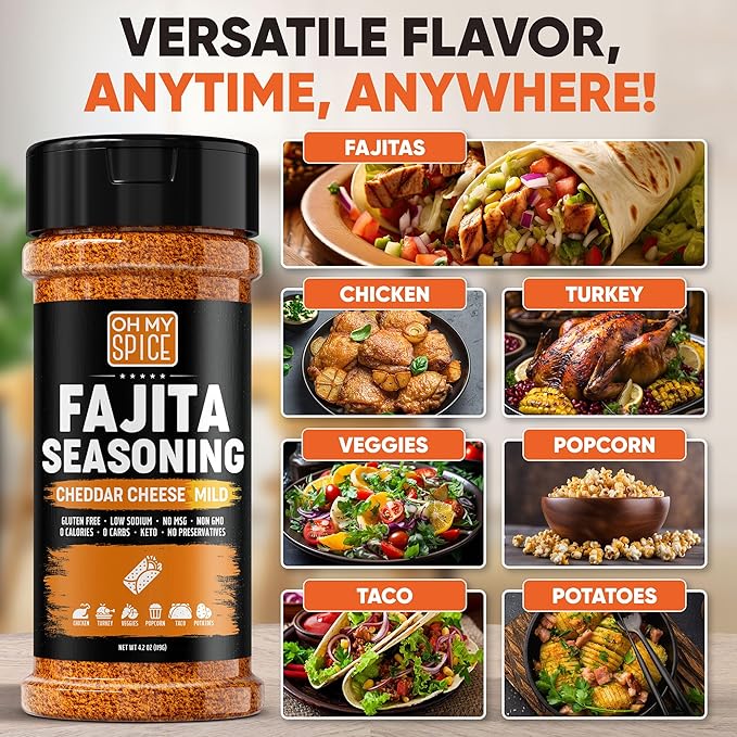Fajita Seasoning Mix Cheddar Cheese Powder - Gluten Free & Low Sodium Mild Mexican Seasonings Blend for Meat, Vegetables, Steak & Chicken Fajita. Nacho Cheese Powder Fajitas Seasoning Spice. 4.2oz