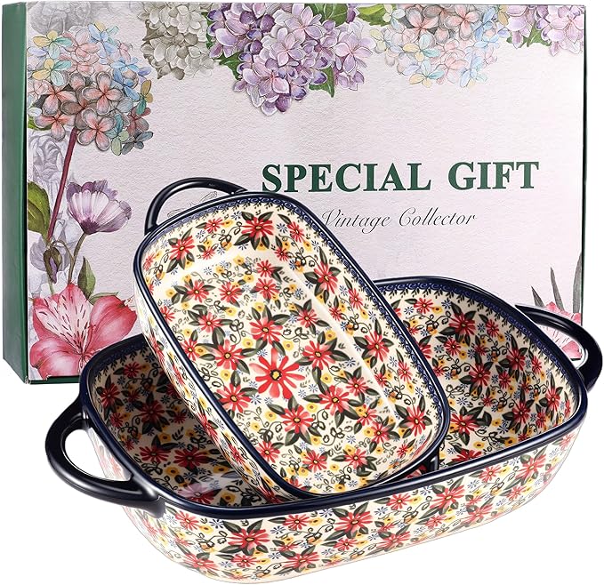 Ceramic Baking Dish Set of 2 ??Decorative Polish Pottery Style Casserole Dishes with Handles, Cute Oven-Safe Lasagna Bakeware Gift Set