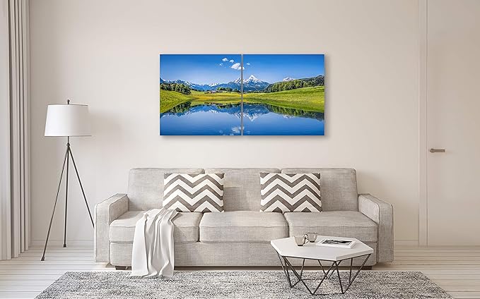 Mountain Landscape Wall Art Decor - 2 Piece Set, Decorative Framed Winter Snowy Lake Landscape Canvas Art Multi Panel Split Prints for Living Room, Kitchen, Bedroom, Office & Home Decor Gift
