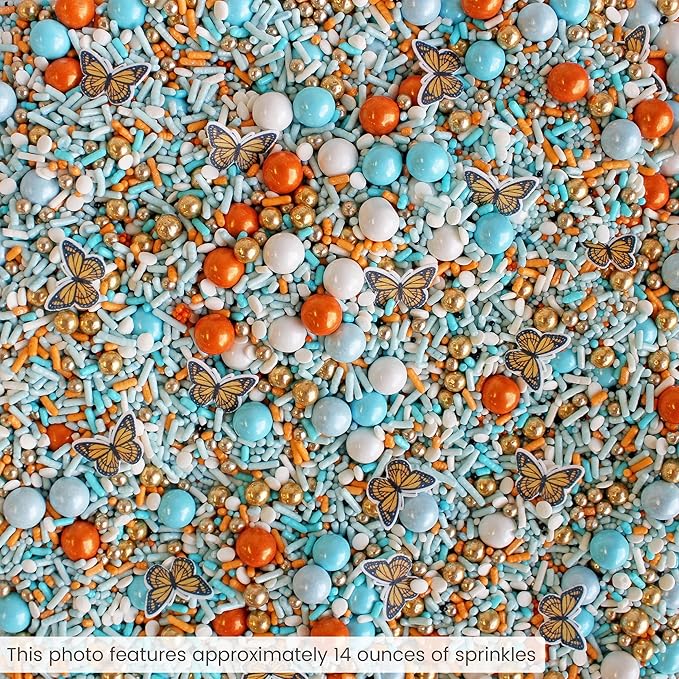 Sprinkle Pop Monarch Butterfly Sprinkle Mix| Blue Orange Sprinkles with ~10 Butterfly Wafer Paper and Gold Dragees| Decorating Sprinkles Made In USA for Mother?셲 Day Cupcakes Cakes Cookies Donuts, 2oz
