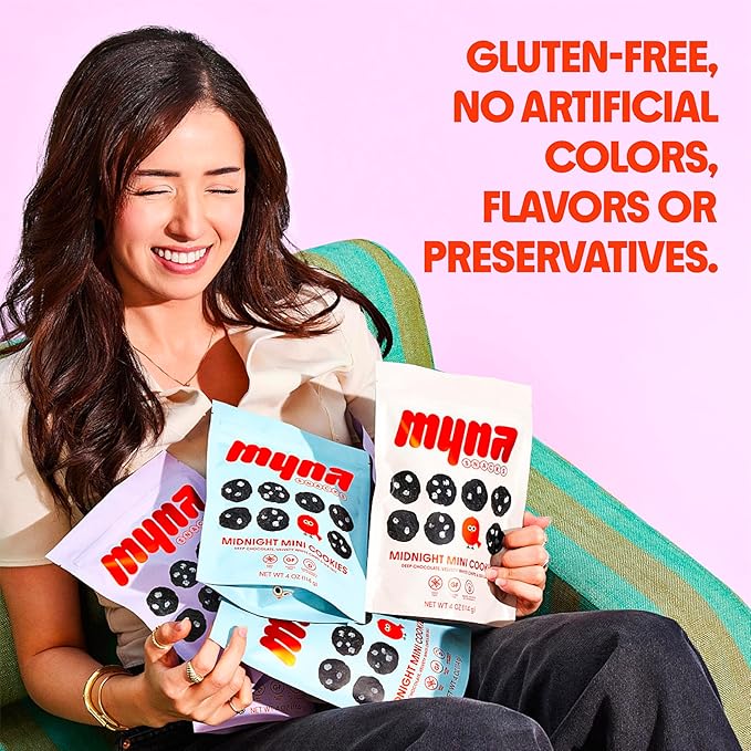 Myna Snacks Midnight Mini Snacking Cookies - Seed Oil Free Snacks - Gluten and Dairy Free Snack - Chocolate Cookies w/White Chips - Healthy Dessert - Sweet Cookie Bites, 8oz (Pack of Two, 4oz Bags)