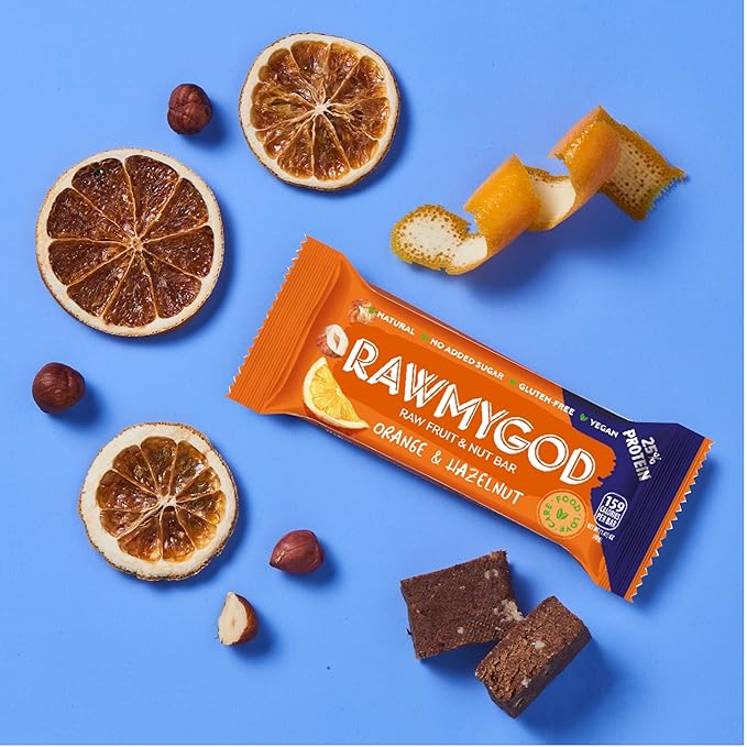 RAWMYGOD Fruit and Nut Bars, Good Source of Protein (10g, 25% protein content), Gluten Free, Vegan, No Added Sugar (16 bars, Orange & Hazelnut)
