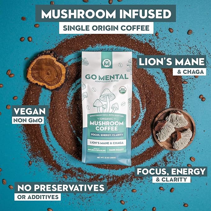 Organic Lion's Mane & Chaga Mushroom Coffee Ground Dark Roast, Full Fruiting Bodies, For Enhanced Brain Function, Immune Support, Wellbeing Grade 1 Single Origin, 12oz - Ground