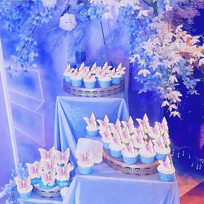 30pcs Purple Gold Edge Mixed Size Lively 3D Waterproof Butterfly Cupcake Topper for Girls Women's Happy Birthday Wedding Party Cake Wall Party Food Decorations