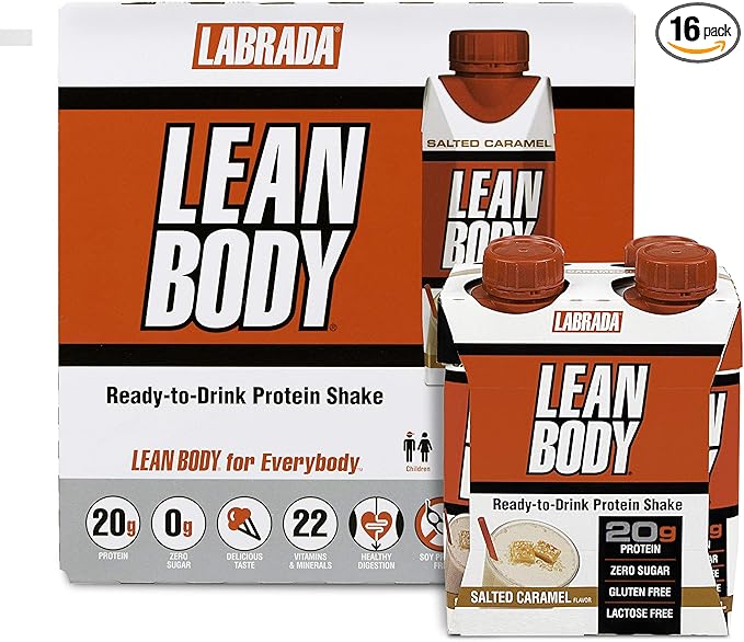 LABRADA NUTRITION - Lean Body RTD Whey Protein Shake, Convenient On-The-Go Meal Replacement Shake for Men & Women, 20 grams of Protein ??Zero Sugar, Lactose & Gluten Free, Salted Caramel (Pack of 16)