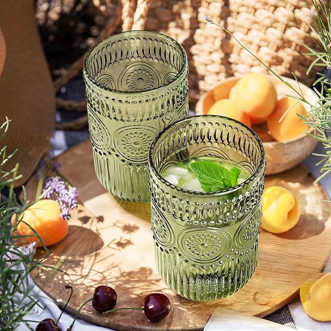 Joeyan Vintage Green Drinking Glasses Set of 4,14 oz Embossed Sunflower Beaded Highball Glass Water Tumbler Cups,Colored Romantic Glassware for Beverages Cocktail Juice Wine,Dishwasher Safe