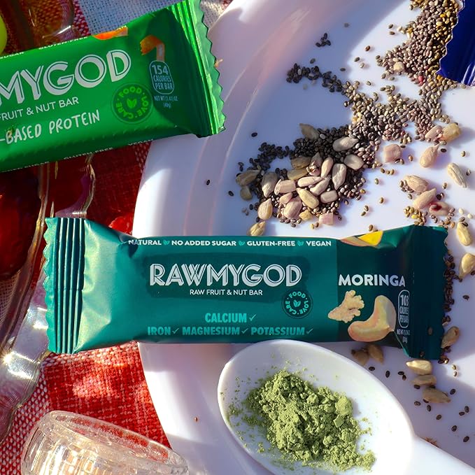 RAWMYGOD Fruit and Nut Bars, Gluten Free, Vegan, No Added Sugar (20 bars, Moringa)