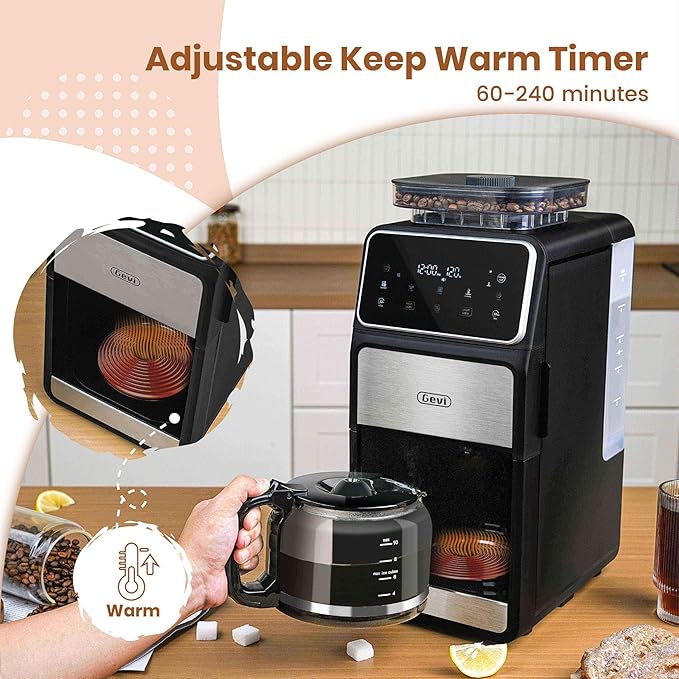Gevi 10-Cup Grind & Brew Coffee Maker with Built-in Burr Grinder โ Programmable Touch Screen, 4-Hour Keep Warm, Permanent Filter, Drip Coffee Machine for Home & Office