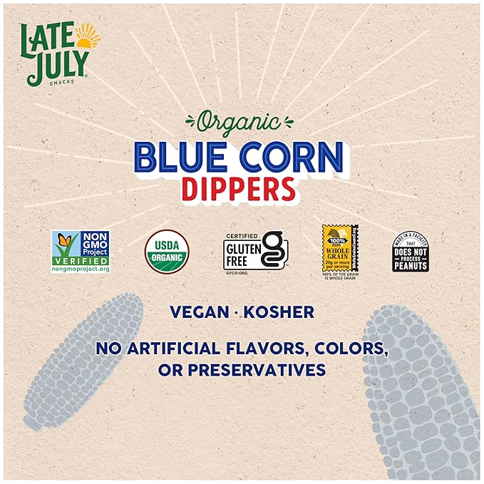 Late July Snacks, Dippers, Organic Blue Corn Tortilla Chips, 7.4-oz. Bag (Pack of 3)