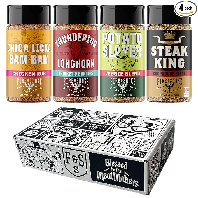Fire & Smoke Society Meat & Potatoes Seasoning Variety Pack | BBQ Rubs, Gifts for Men, Fathers Day | Steak Rub, Chicken, Burger Seasoning, Brisket Rub| Large Spices Set (4-Pack)
