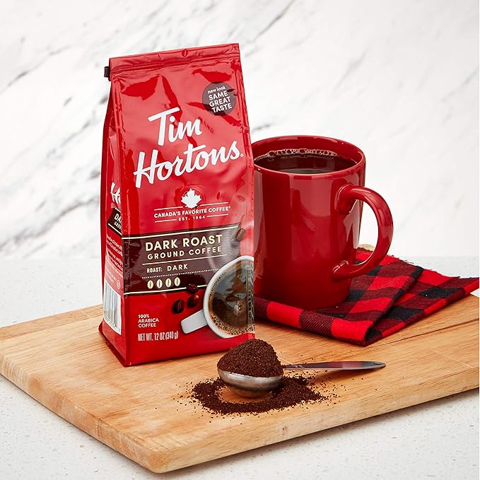 Tim Hortons Dark Roast, Rich Ground Coffee, Perfectly Balanced, Always Smooth, Made with 100% Arabica Beans, 72 Ounce, 12 Oz (Pack of 6), Red