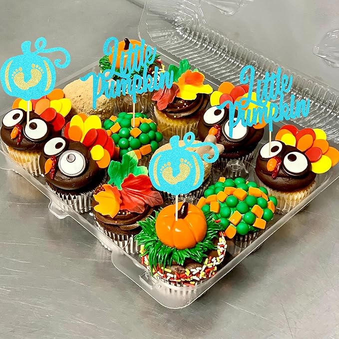 24Pcs Little Pumpkin Cupcake Toppers Pumpkin Baby Shower Cake Decorations Baby Feet Pumpkin Cupcake Picks for Thanksgiving Halloween Kids Birthday Party Decorations - Bule Glitter