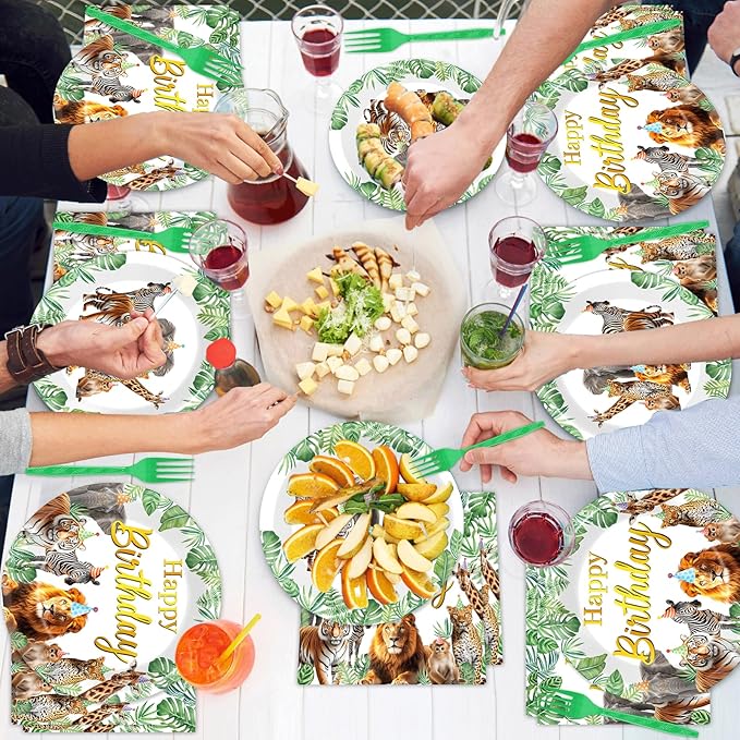 96Pcs Jungle Animals Plates and Napkins Safari Happy Birthday Party Decorations Zoo Party Dessert Plates Wild Animals Lion Tiger Theme Tableware for 24 Guests Men Woman Adults Birthday Supplies
