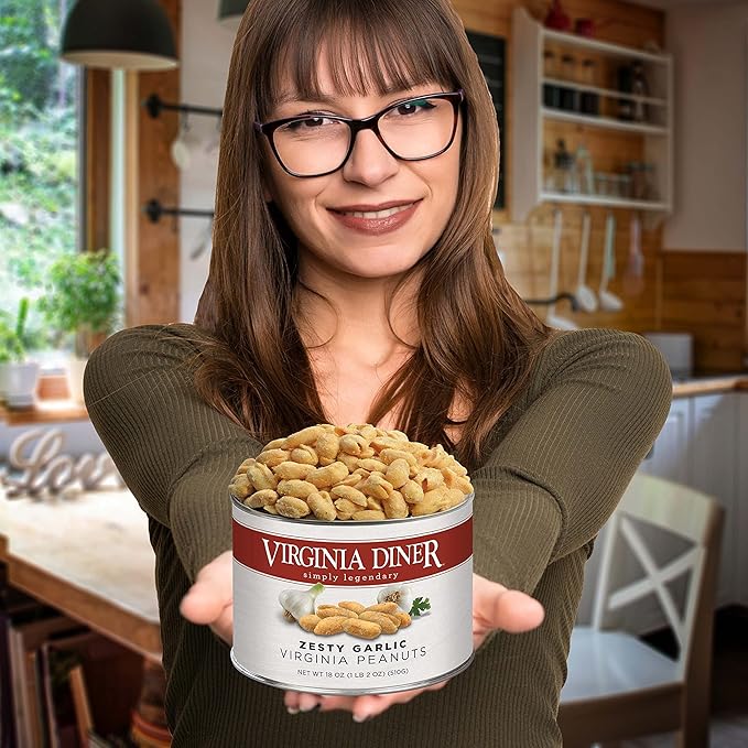 Virginia Diner - Zesty Garlic Seasoned Extra Large Virgnia Peanuts 18oz in Resealable Can for Snacking or Gifting