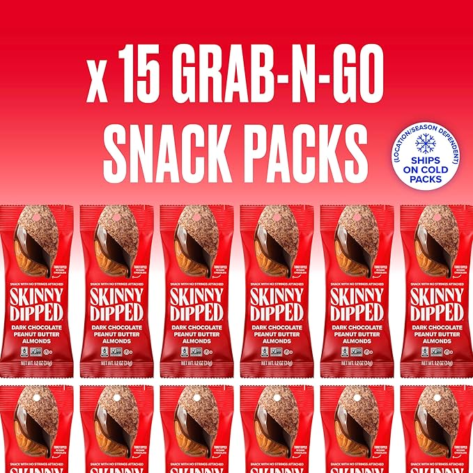 SkinnyDipped Dark Chocolate Peanut Butter Almonds, Chocolate Covered Almonds, Low Sugar, Gluten Free, Healthy Snack, 1.2 Ounce Bags (Pack of 15)