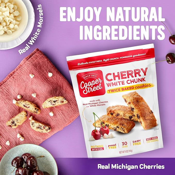 Cooper Street Italian Biscotti Cookies - Twice Baked Biscotti Style Cookie Biscuits in Delicious Cherry White Chunk Flavor | Crispy, Light and Healthy Cookies | Peanut & Dairy Free | 1.25oz - 24 Pack