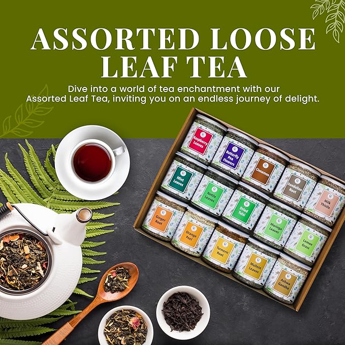 Assorted Loose Leaf Tea | 15 Delightful Herbs | Upto 900 Servings | 100% Raw & Natural | Add Health to your Soups, Smoothies, Teas and more | By Yogi's Giftยฎ