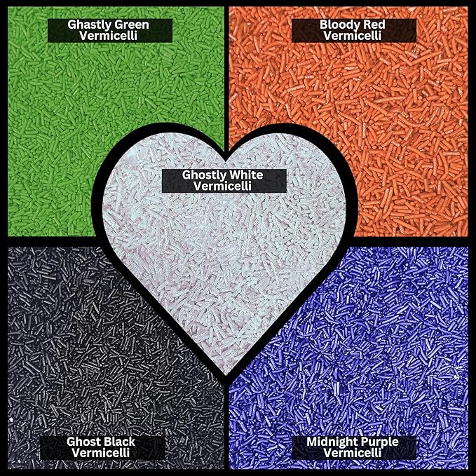 Confect Feast of Fears Sprinkles ??Edible Jimmies Mix in Silver, Orange, Irish Purple, Black & Lime Green ??Halloween Vermicelli Sprinkles for Cake, Cupcake, Cookie & Dessert Decoration- 5 Oz