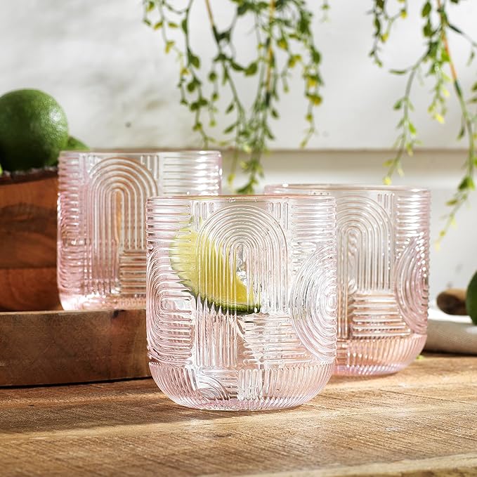 Glaver's Whiskey Glasses Set of 4 Double Old Fashioned 13 oz. Rock Glases, Pink Embossed Art Deco New Designed, Modern Vintage Drinking Glassware For Home Bar Whisky Bourbon Scotch