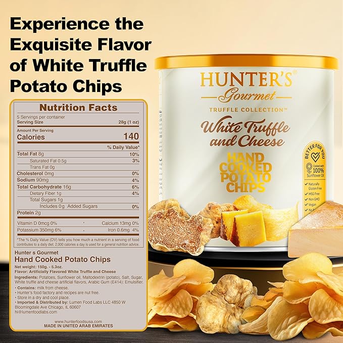 Hunter's Gourmet Chips | Healthy & Cholesterol Free | Halal | Made in a Nut-Free Facility | MSG & Preservative Free | White Truffle & Cheese | Gourmet Cheese Crisps | Pack of 4 | 40g