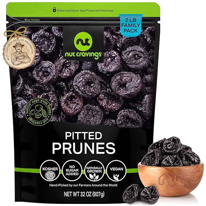 NUT CRAVINGS - Dried Prunes Pitted Unsweetened, Dry Plums No Sugar Added, Unsulphured (32oz, 2 LB) Bulk Dry Fruits Packed Fresh in Resealable Bag - Sweet Healthy Snack, Naturally Grown, Vegan, Kosher