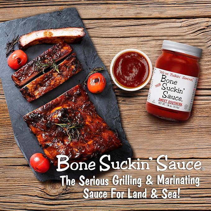 Bone Suckin' Sauce Sweet Southern Thick BBQ Sauce, 18 oz Glass Bottle, For Ribs, Chicken, Pork, Beef - Gluten-Free, Non-GMO, Kosher, Thick Barbecue Sauce Sweetened with Cane Sugar & Molasses - 1 Pc