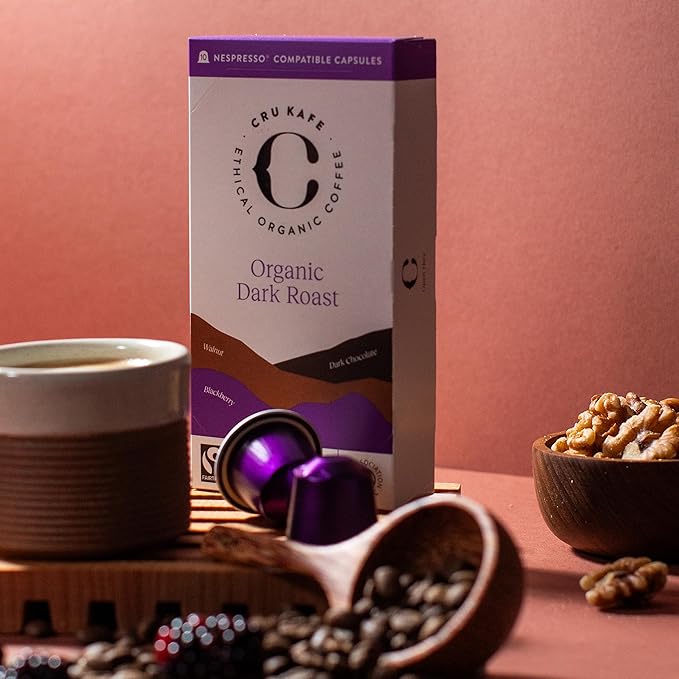 Cru Kafe Dark Roast USDA Organic Espresso Coffee Capsules (10 Pods) Fairtrade Coffee Pods Compatible with Nespresso Original Line and Pixie Machines