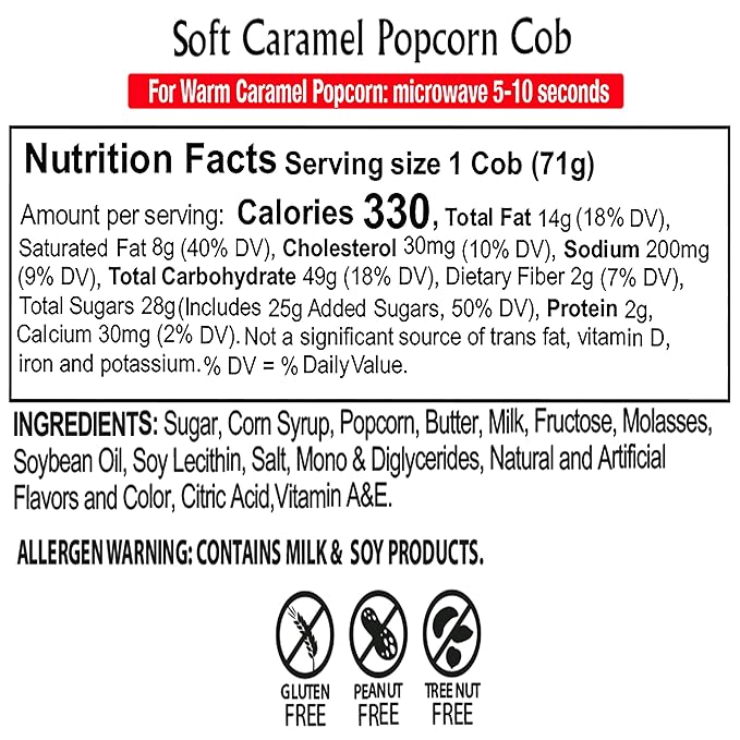 Caramel Cob Soft Caramel Popcorn ??16 Individually Wrapped 2.5 oz Bars ??Gluten-Free, Peanut & Tree Nut-Free ??Microwaveable for Warm, Gooey Taste ??Made in the USA ??Classic Sweet Snack