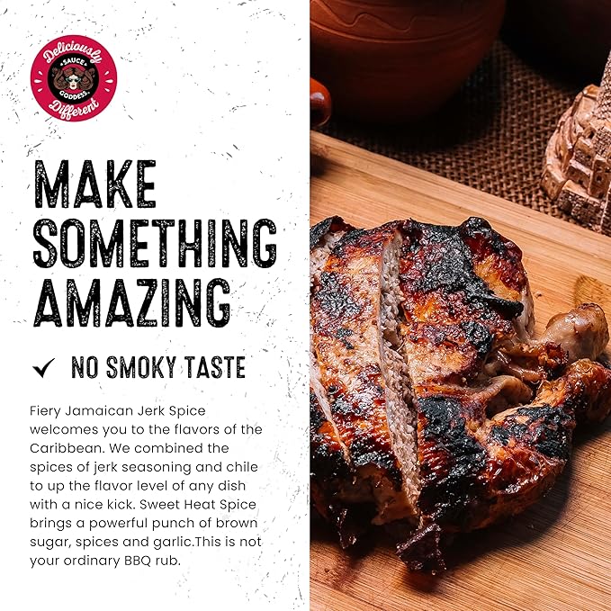 Sauce Goddess - Spicy BBQ Sweet Heat & Fiery Jamaican Jerk Duo Premium Spices, No MSG, No Additives, Plant-Based, Shakers for Meat & Veggies - 2-Pack