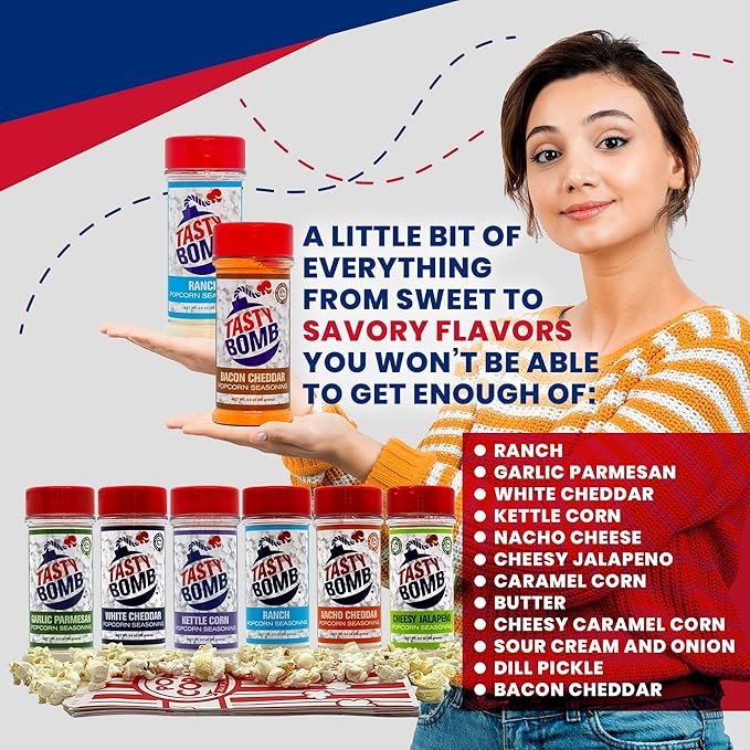 Flavorful Popcorn Seasoning Variety Pack ??6 Seasonings in White Cheddar Cheese, Ranch, Garlic Parmesan & More ??Gluten-Free Keto Snack for Movie Nights & Gifts by Tasty Bomb, 2.8-3 Oz.